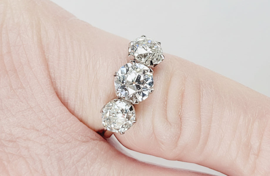 3.5ct old mine cut diamond trilogy engagement ring sku 8719