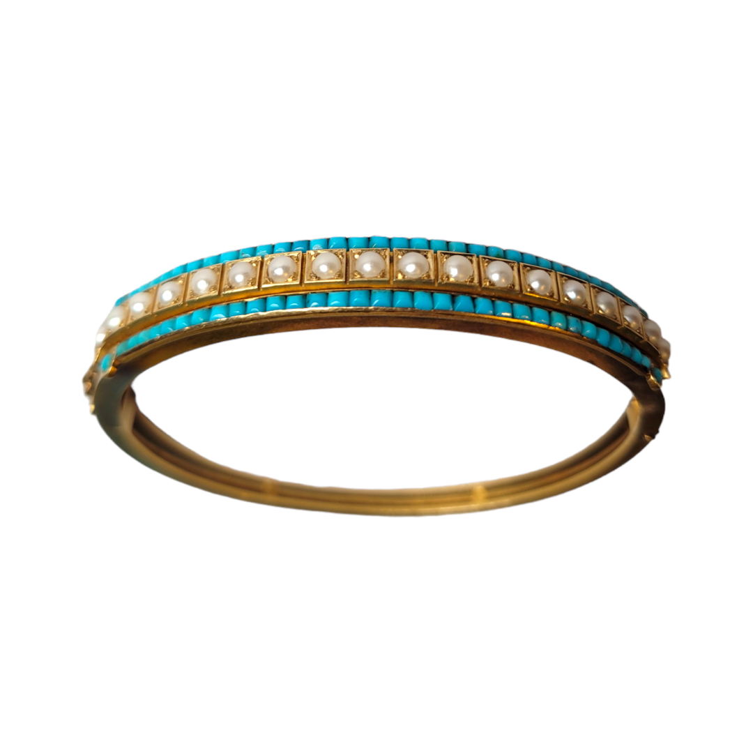 19th century turquoise and natural pearl bangle Sku 5026