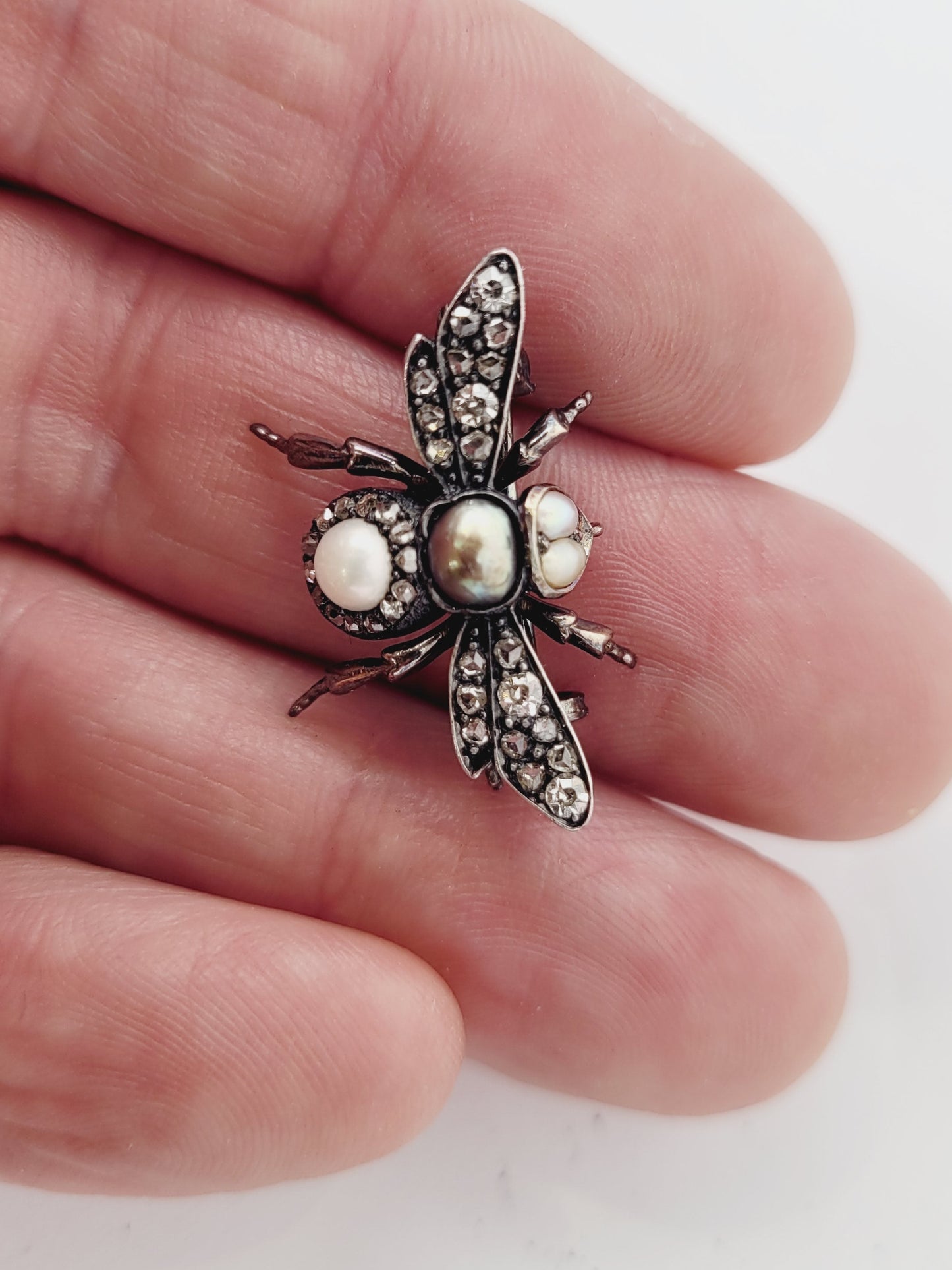 Cute natural pearl and old cut diamond Bee brooch sku 9068