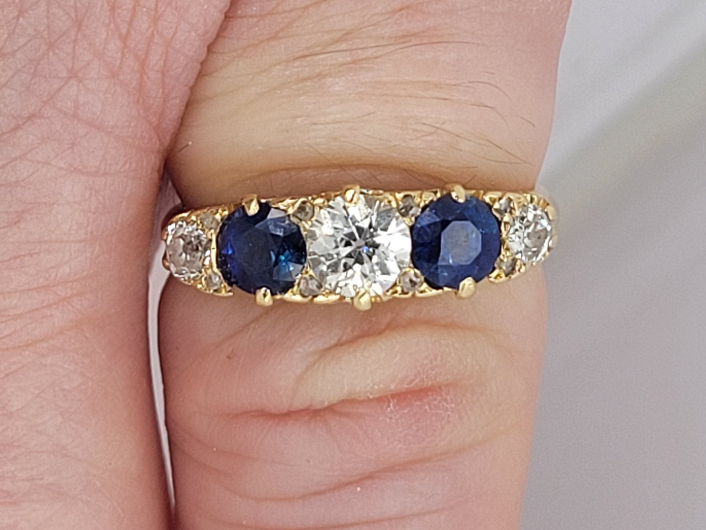 Antique sapphire and diamond five stone carved half hoop ring sku 9082