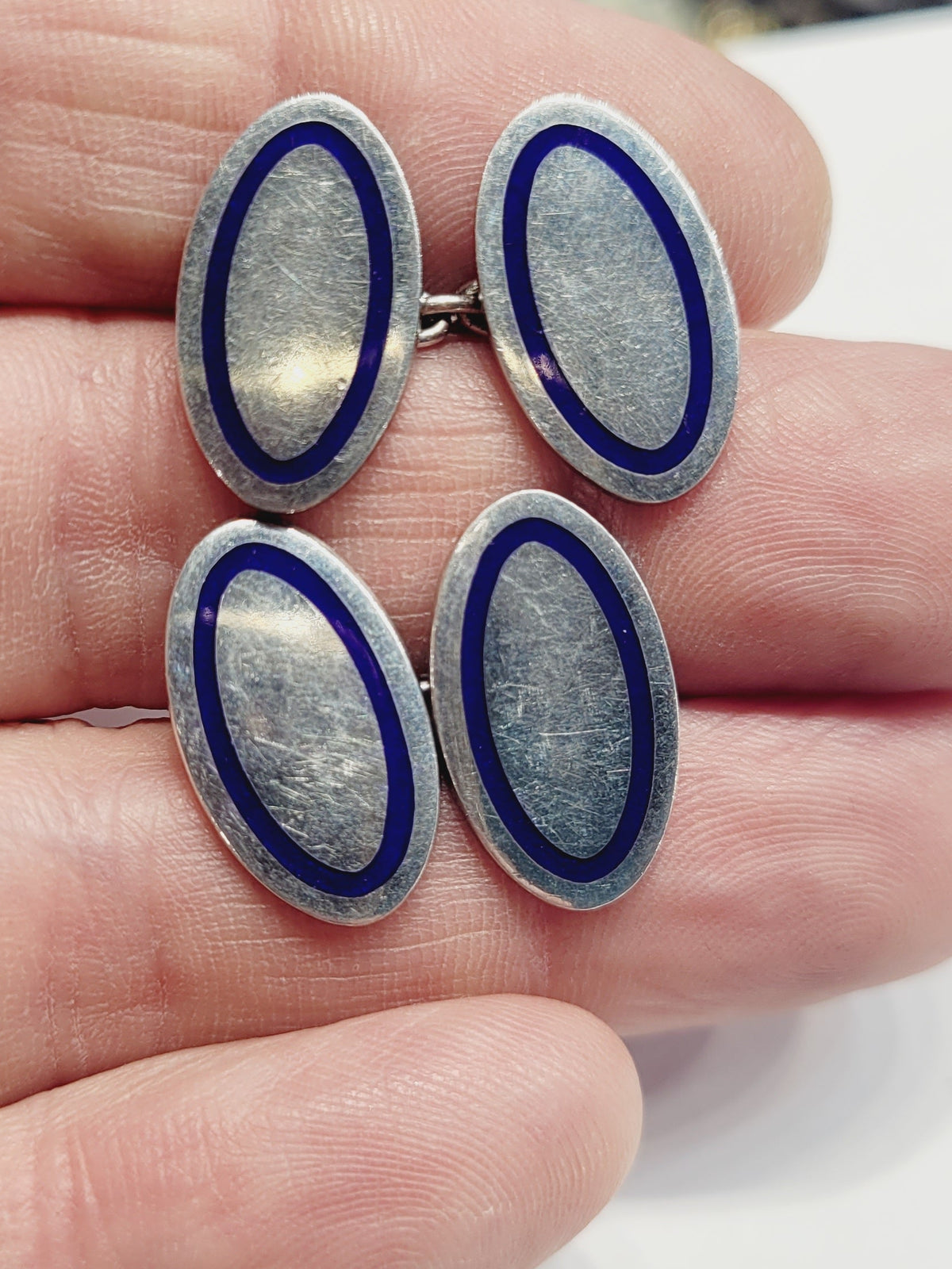 Pair of antique oval silver and Royal blue enamel cufflinks sku 9147