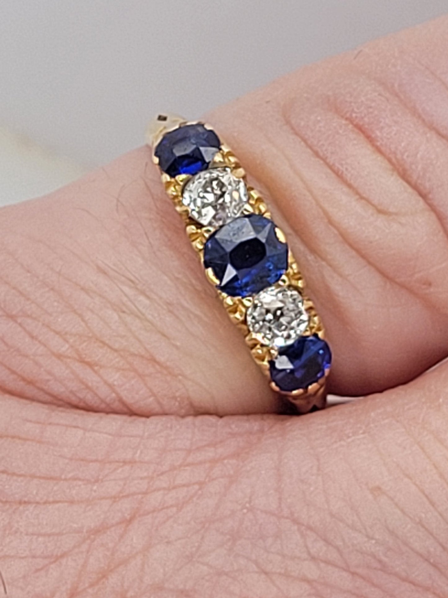 Antique sapphire and diamond five stone carved half hoop engagement ring sku 9173
