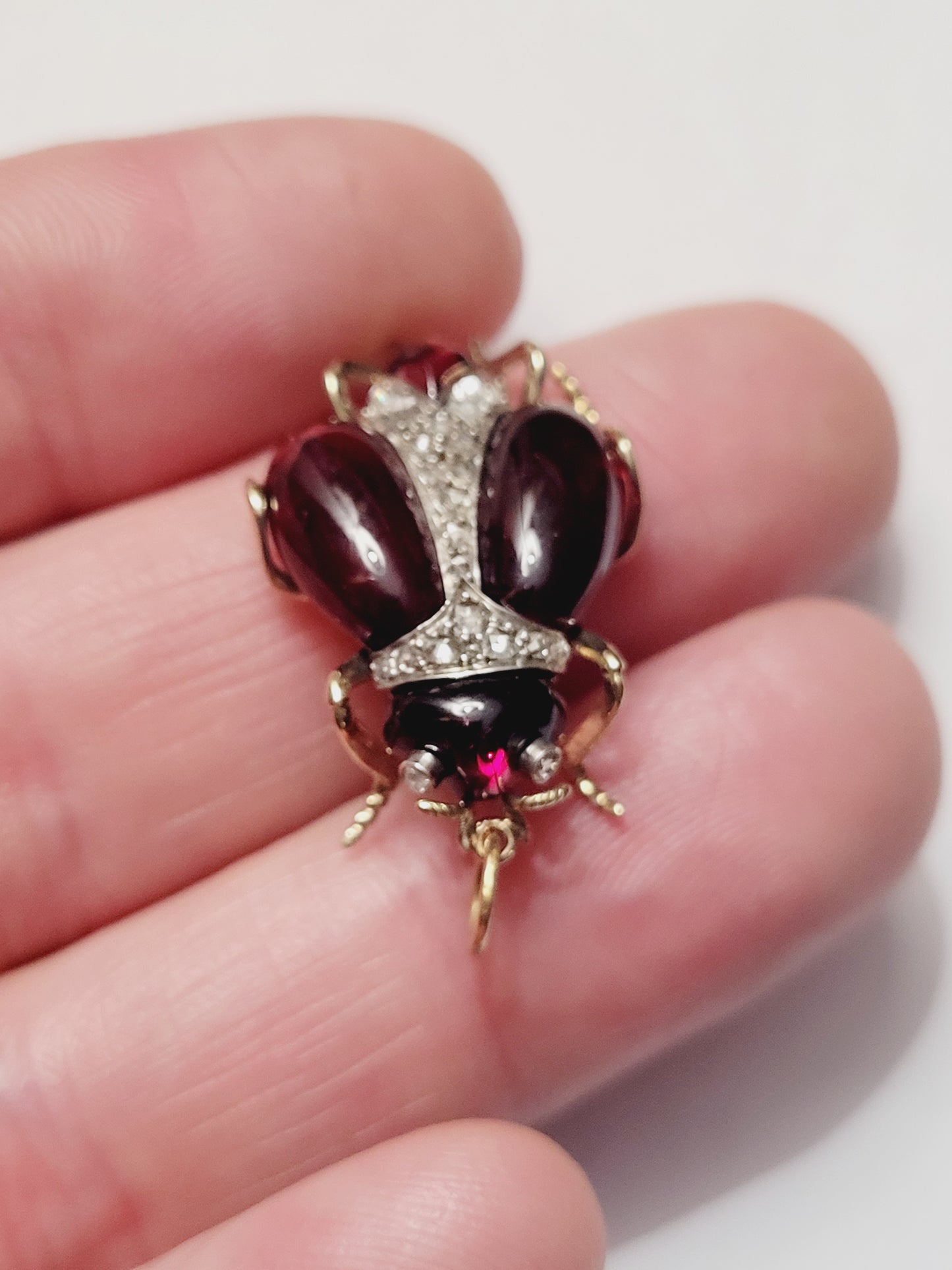 Super rare cabochon garnet and diamond 19th century bug pendant sku 8877