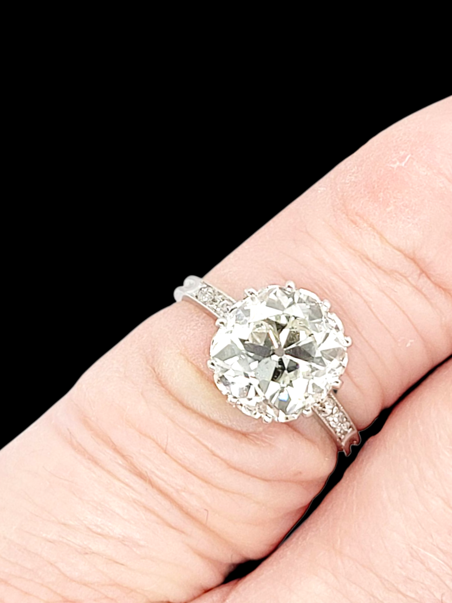 Gorgeous 3.15ct old mine cut diamond solitaire engagement ring Sku 8334