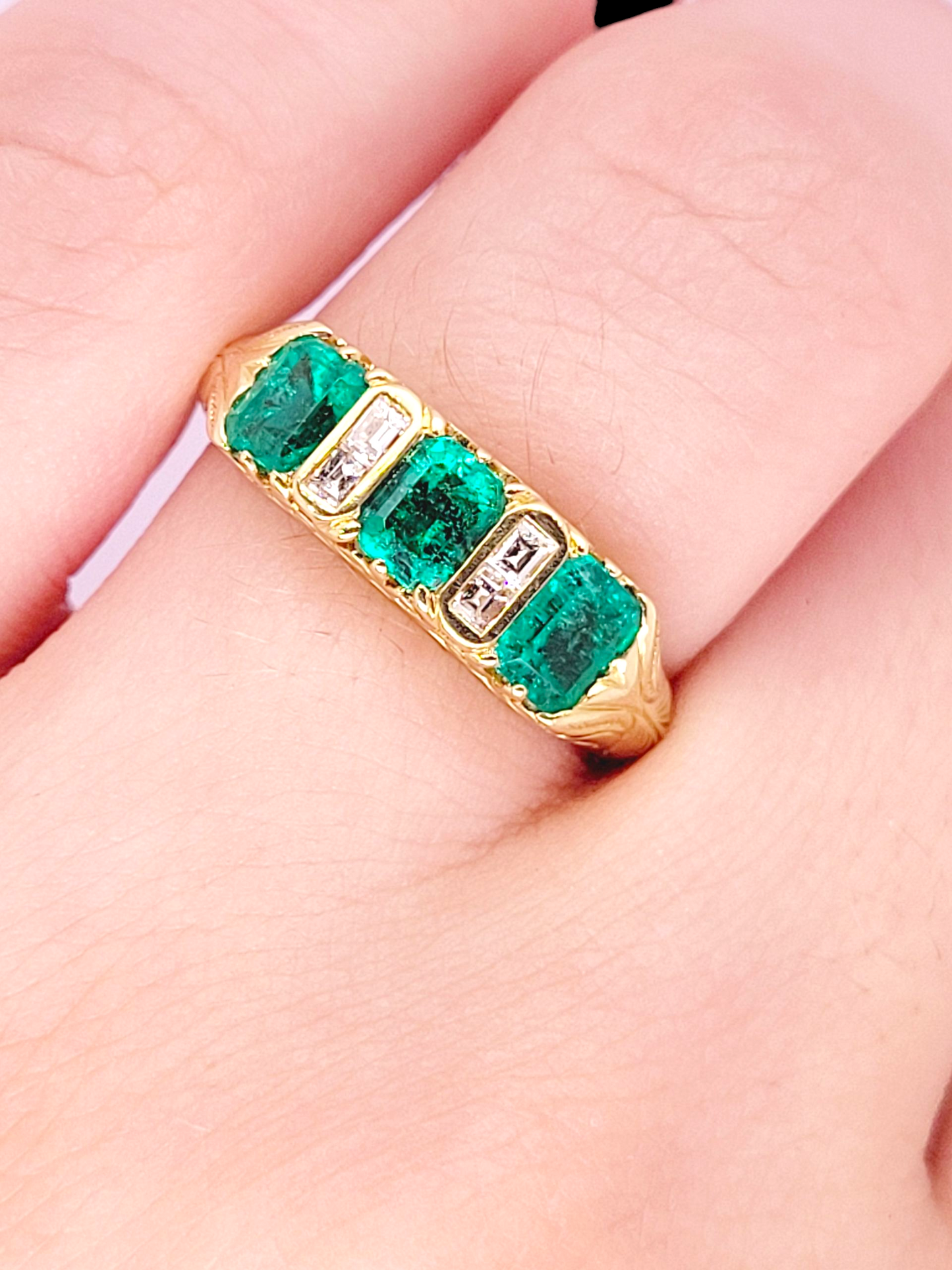 Emerald and diamond carved half hoop ring
SKU: 8401