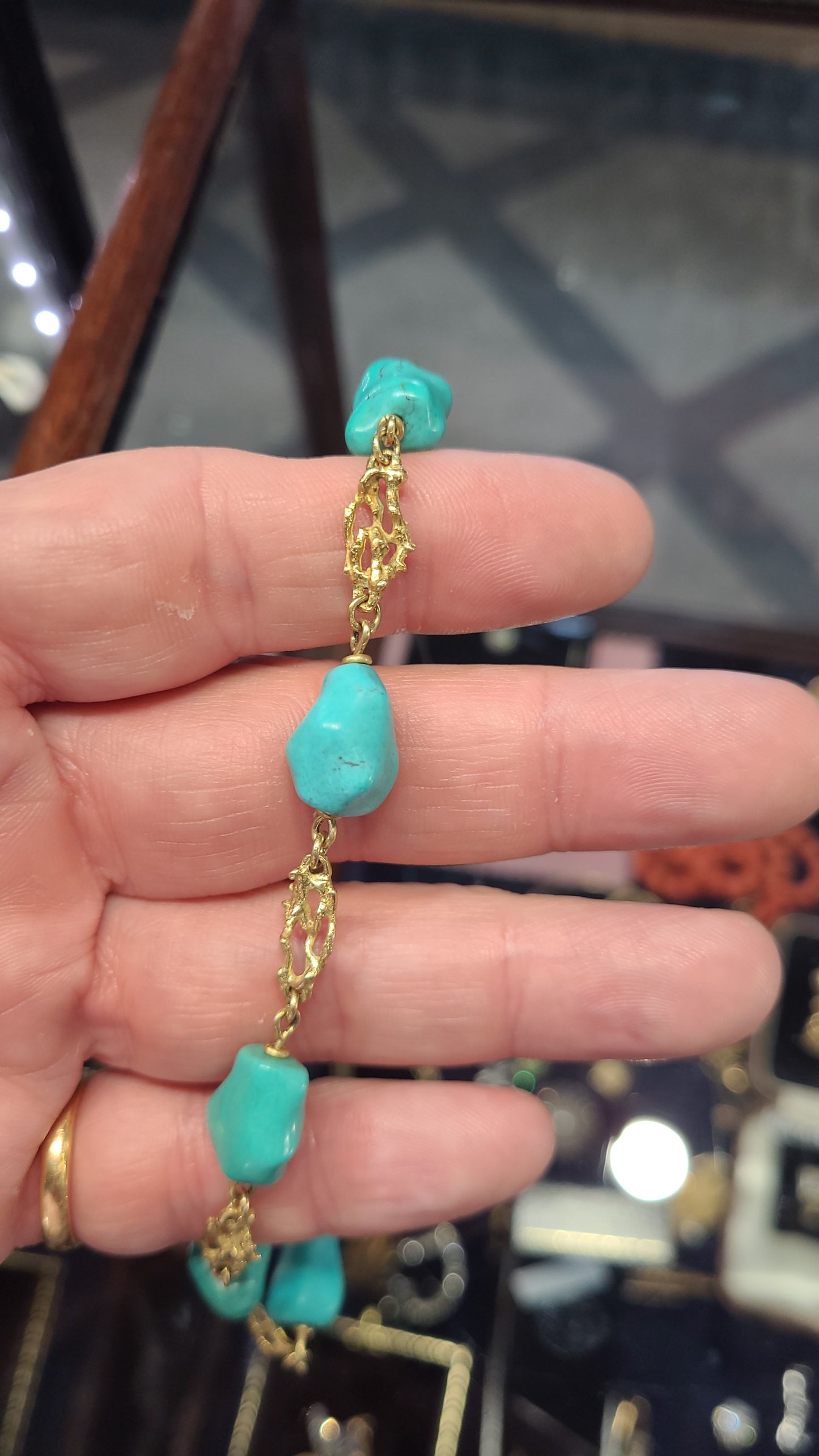 Cool 1960's boulder turquoise and organic gold bracelet
SKU: 7386