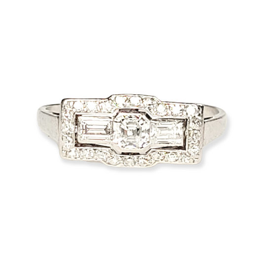 Art deco asscher cut and baguette diamond engagement ring sku 5709