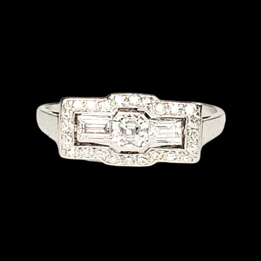 Art deco asscher cut and baguette diamond engagement ring sku 5709