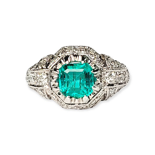 Art deco Colombian emerald and diamond ring sku 5725