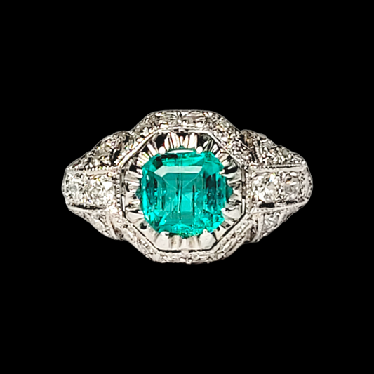 Art deco Colombian emerald and diamond ring sku 5725
