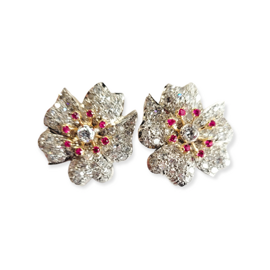 Vintage diamond and ruby flower earrings