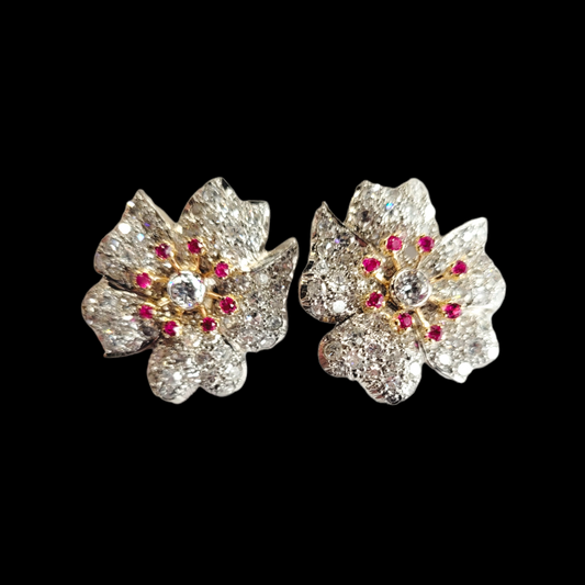 Vintage diamond and ruby flower earrings