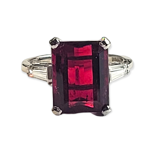 Rubellite and tapering baguette diamond ring