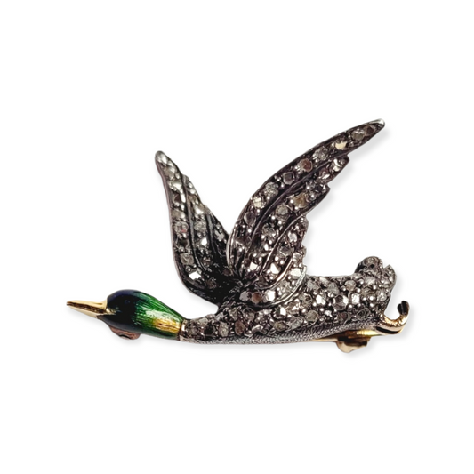 Antique enamel and diamond duck brooch