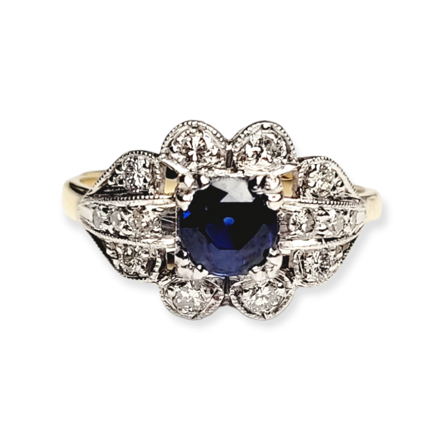 Geometric sapphire and diamond engagement ring 18ct yellow gold