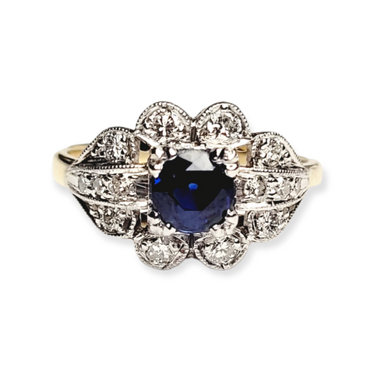 Geometric sapphire and diamond engagement ring 18ct yellow gold