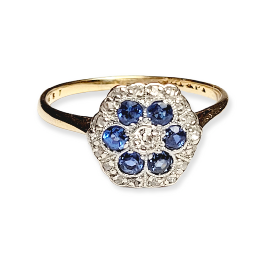 Edwardian sapphire and diamond cluster engagement ring