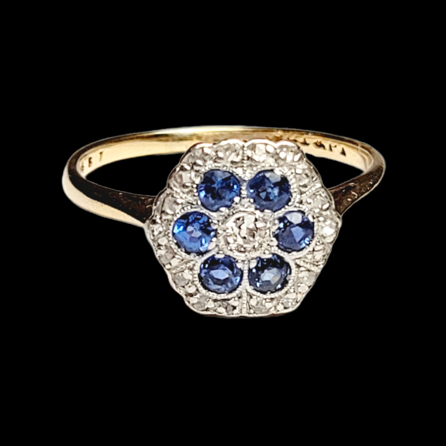 Edwardian sapphire and diamond cluster engagement ring