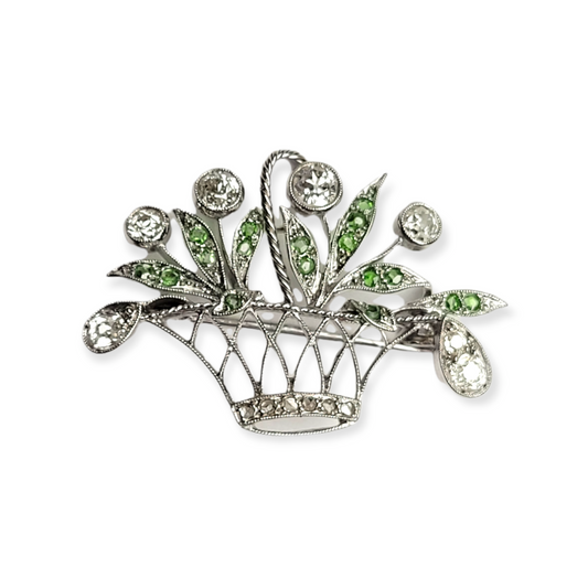 Antique diamond and green demantoid garnet giardinaire brooch