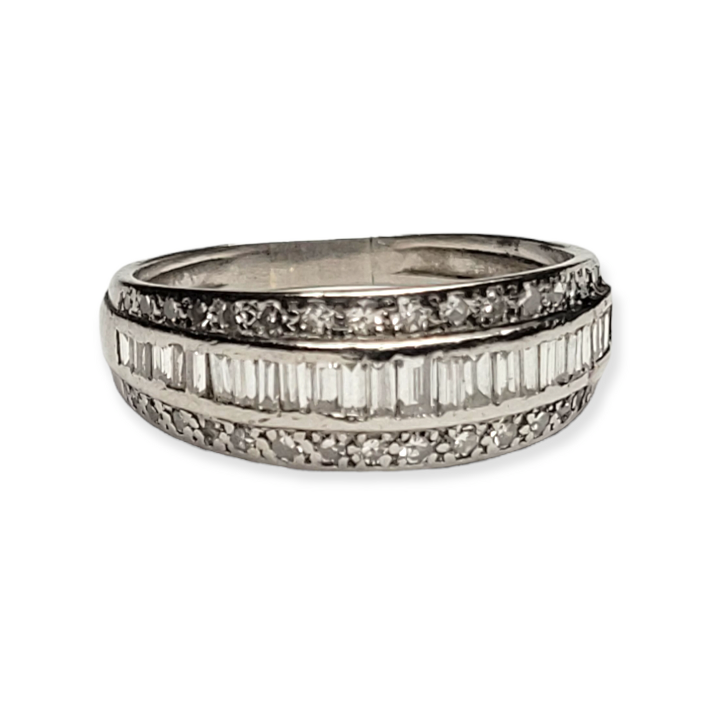 Art deco baguette and round diamond half hoop ring