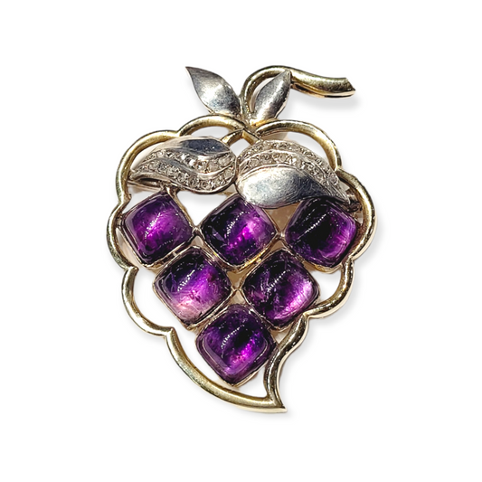 Stylised Square cabochon amethyst grapes with diamond set leaves