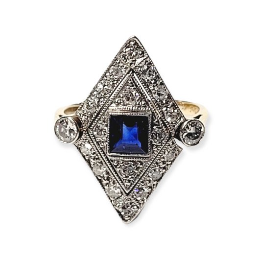 Edwardian sapphire and diamond lozenge shaped ring sku 5904