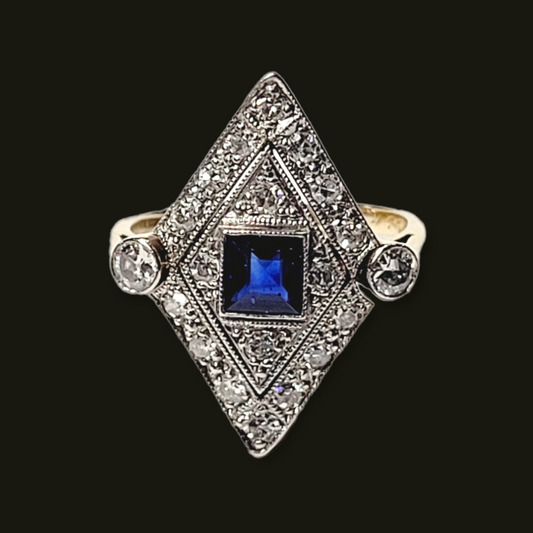 Edwardian sapphire and diamond lozenge shaped ring sku 5904