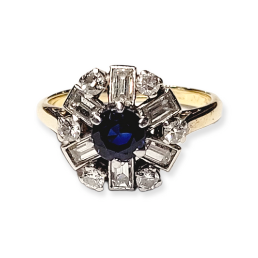 Sapphire, diamond and baguette diamond engagement ring