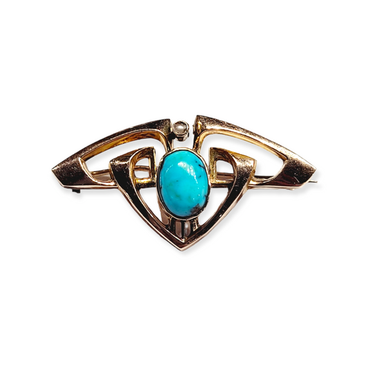 Art nouveau turquoise gold brooch