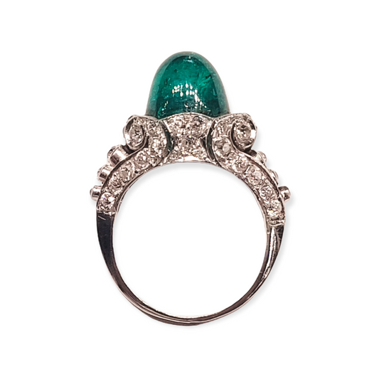 Belle epoque cabochon Colombian emerald and diamond ring