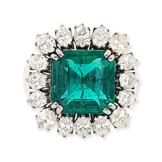 4.44ct emerald and marquise diamond cluster ring Sku 5989