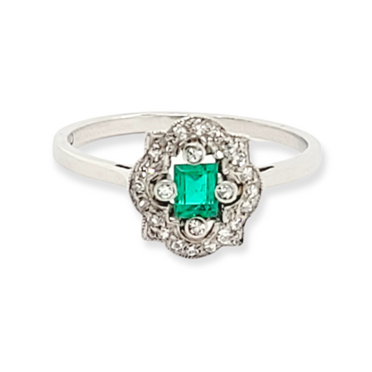 Art deco emerald and diamond engagement ring