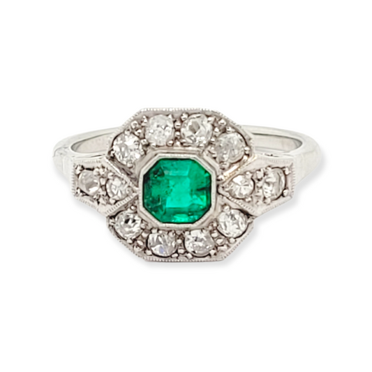 Art deco emerald and diamond engagement ring