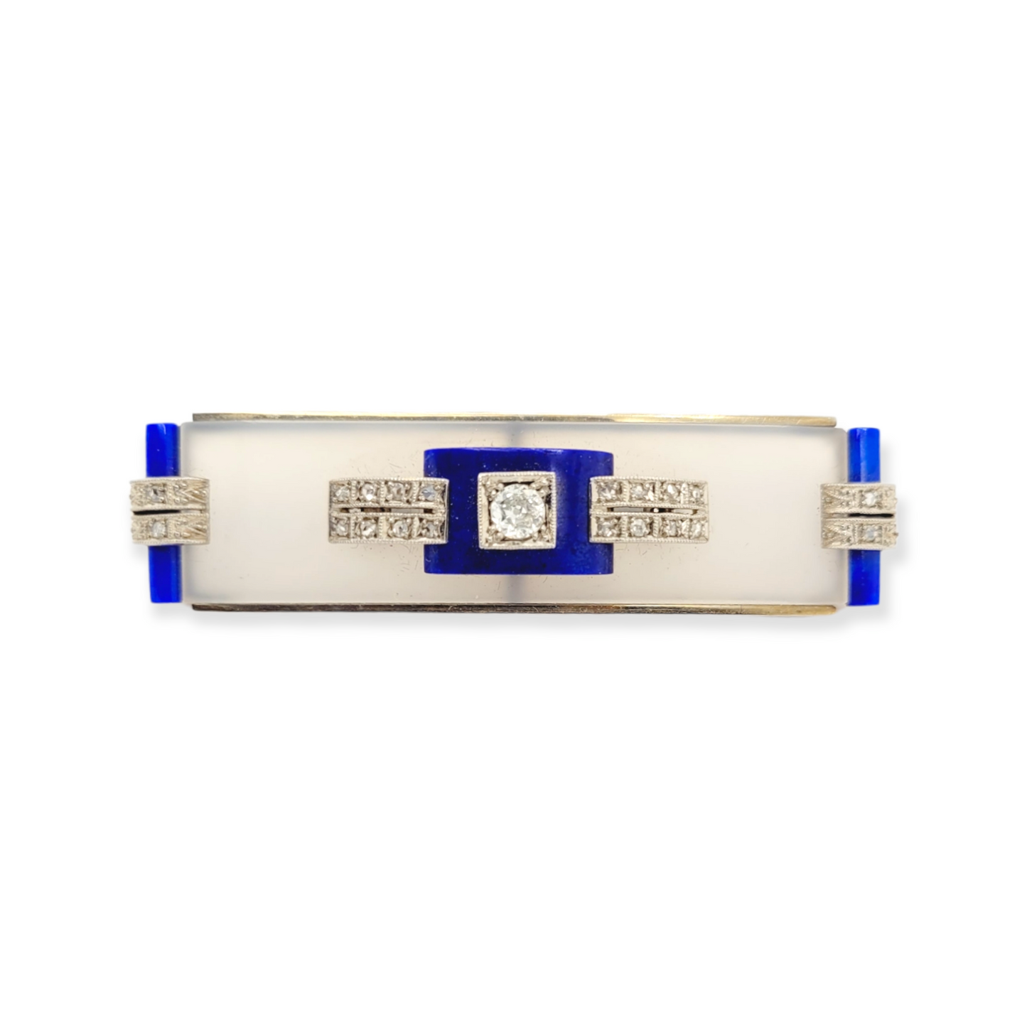 Art deco frosted rock crystal, lapis lazuli and diamond brooch