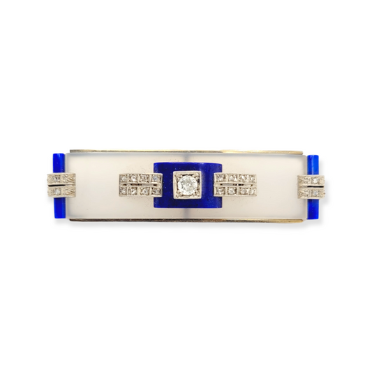Art deco frosted rock crystal, lapis lazuli and diamond brooch
