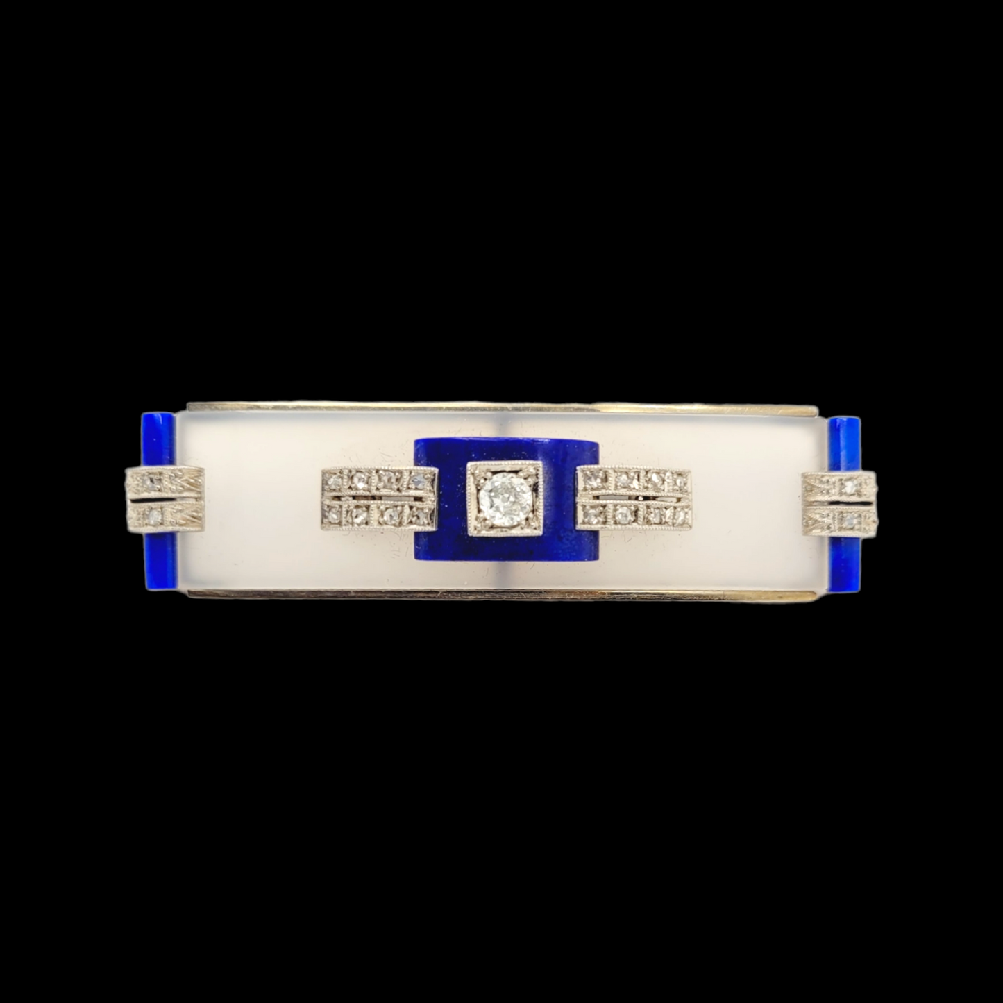 Art deco frosted rock crystal, lapis lazuli and diamond brooch