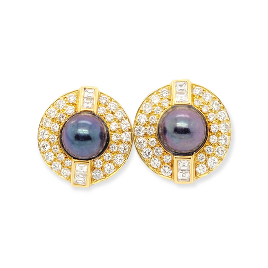 Black pearl and diamond cluster earrings