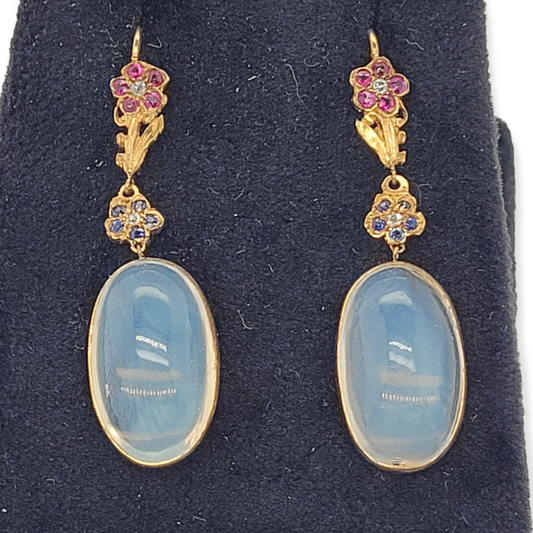 Antique moonstone, sapphire, ruby and diamond earrings