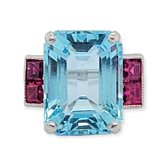 Art deco aquamarine and Ruby dress ring sku 6198