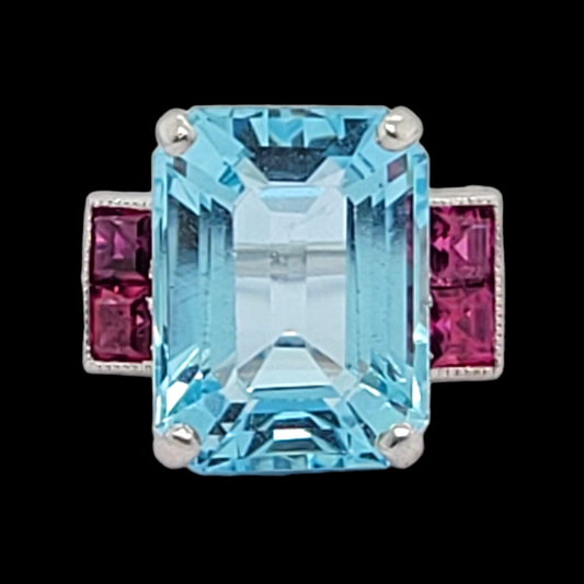 Art deco aquamarine and Ruby dress ring sku 6198