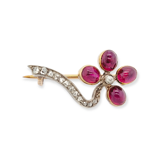 Antique cabochon ruby and diamond flower brooch