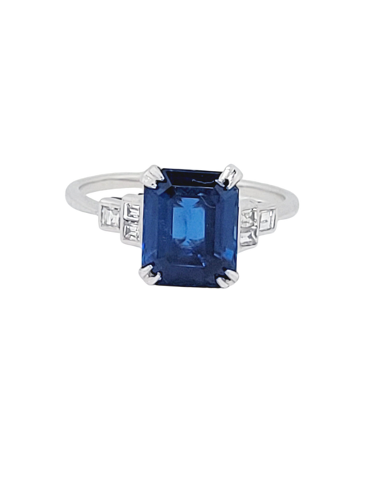 Art deco emerald cut sapphire and baguette diamond engagement ring
SKU: 7529