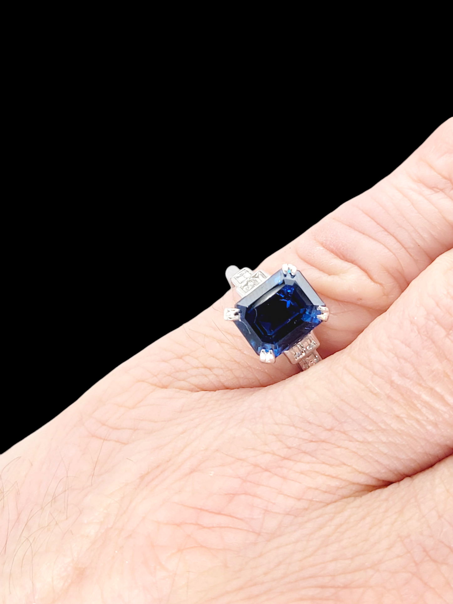Art deco emerald cut sapphire and baguette diamond engagement ring
SKU: 7529
