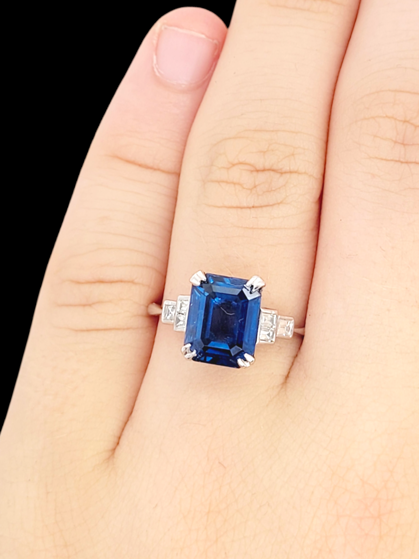 Art deco emerald cut sapphire and baguette diamond engagement ring
SKU: 7529