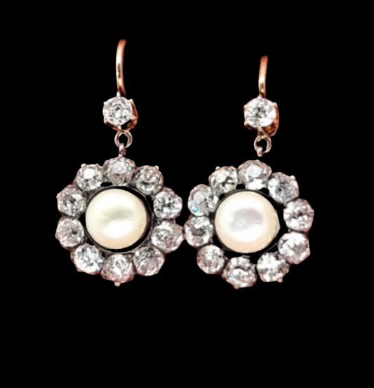 Antique natural pearl and old mine cut diamond drop earrings
SKU: 7932