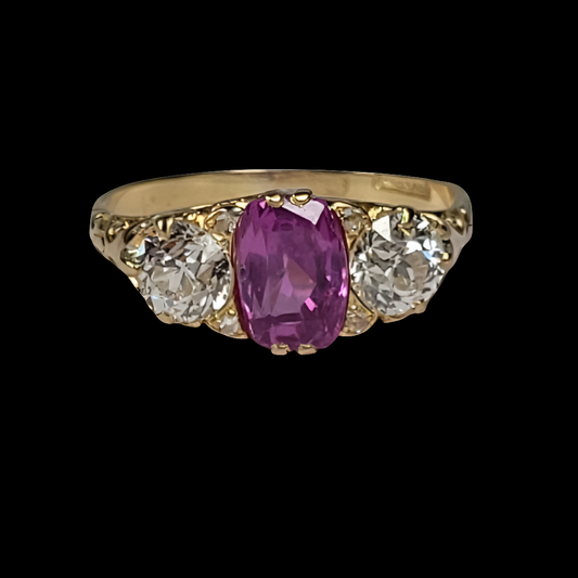 Hot Pink natural sapphire and diamond carved half hoop ring
SKU: 4878
