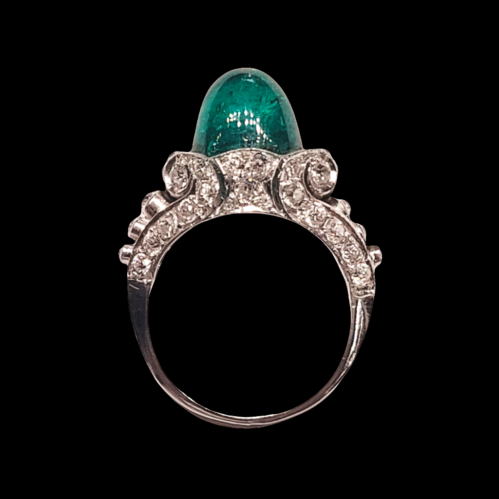 Belle epoque cabochon Colombian emerald and diamond ring