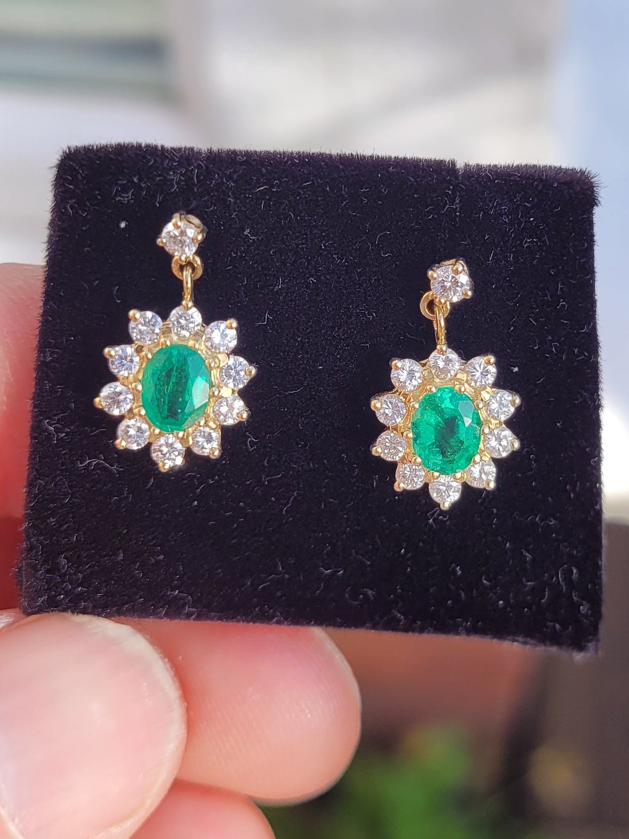 Emerald and diamond cluster drop earrings sku 8997