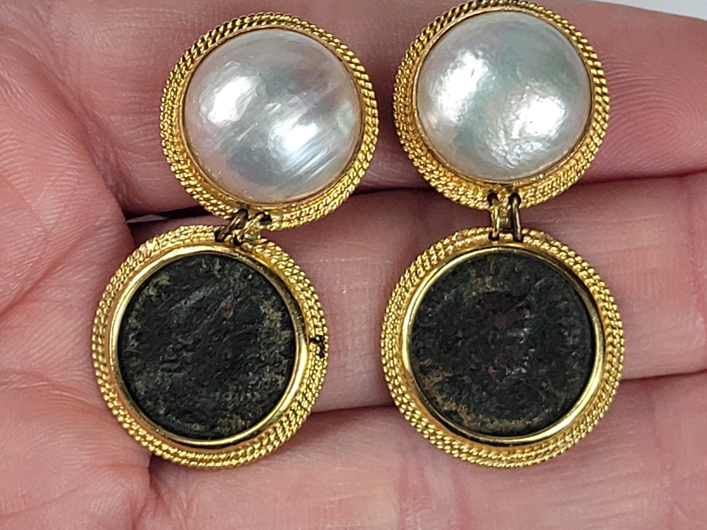 Ancient coin and pearl drop earrings Sku 8729