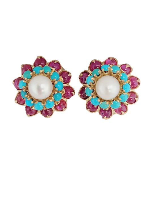 Vintage Turquoise, ruby and pearl earrings sku 9014